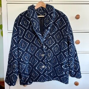 Vintage Blue Geometric Fleece Patterned Jacket size Large